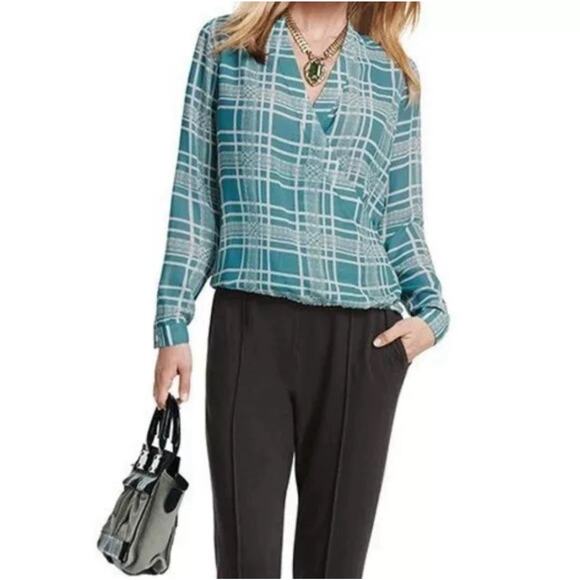 CAbi Tops - Cabi 3068 Windowpane Faux Wrap Blouse Blue White Plaid Top V-Neck Size XS